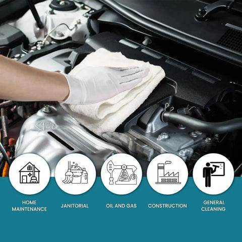 Gloved hand wiping car engine with Premium White Terry Cloth Rags 25 Lb Bag Two Pack Beast Absorbent Cleaning Rags For Garage