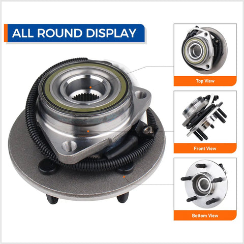 Front Wheel Hub Bearing Assembly 515029 for 2000-2003 Ford F-150 and 2004 F-150 Heritage 4WD with ABS, top, front, bottom views