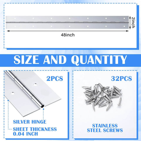Two Pack 48 Inch Continuous Piano Hinges Heavy Duty Stainless Steel Smooth Polished Folding Hinge With 0.04 Inch Leaf Thickness And 2 Inch Open Width For Cabinet Doors Includes 80 Screws For Quick Secure Mounting shown with size and quantity details.