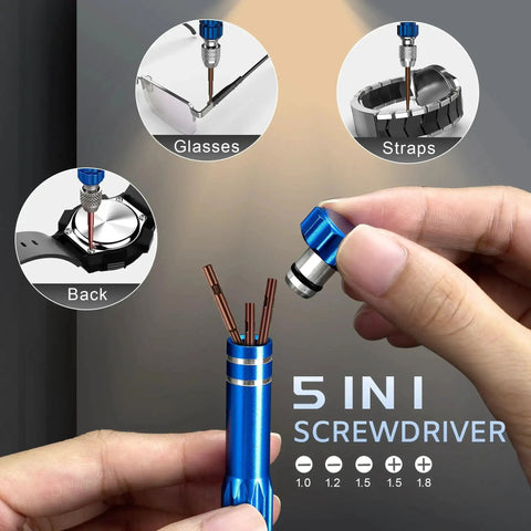 5-in-1 screwdriver for Pro Grade All In One Watch Repair Kit With Cap Opener, Strap And Band Link Remover, Sizing Tool.
