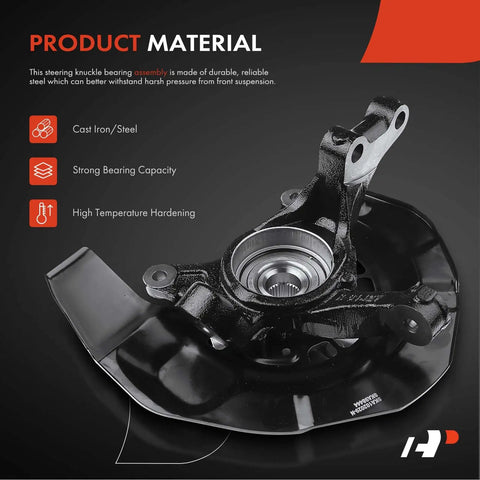 Front Right Steering Knuckle and Wheel Bearing Hub Assembly for Toyota Highlander 2004 2005 2006 2007 3.3L FWD Passenger Side OEM Grade Replacement Plug and Play Ready to Install, displayed on a black background with material details