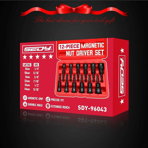 12 Piece Magnetic Nut Driver Set For Impact Tools With Premium Chrome Vanadium Steel And Black Phosphate Finish SAE And Metric Sizes Quarter Inch Quick Change Strong Magnetic Hold For Fast And Secure Fastening in a red storage case.