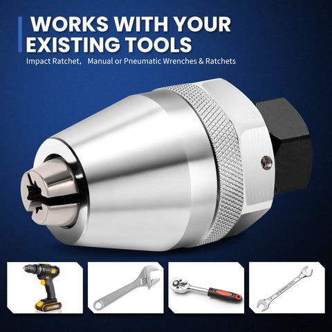 Heavy Duty Stud Extractor Set for Damaged Bolts and Studs, Removes 1/4 to 1/2 Inch Fasteners, Compatible With Impact Wrenches, Ratchets, "Works with Your Existing Tools" text.