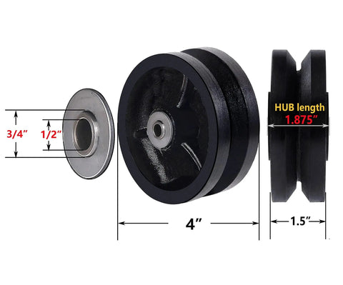 4 Inch By 1-1/2 Inch Cast Iron V Groove Caster Wheel With Straight Roller Bearing For Heavy Duty Machinery, 600 Lb Load Capacity, side view