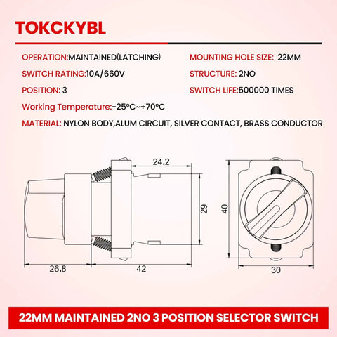 Diagram of 22mm maintained 3 position selector switch with dimensions and specifications for industrial control panels.