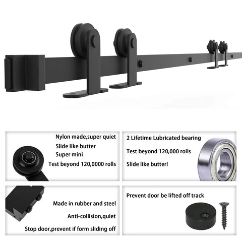 Close-up of 6.6Ft Antique Top Mount Double Sliding Barn Door Hardware Cabinet Kit Black Finish With 79.2In Track showing rollers