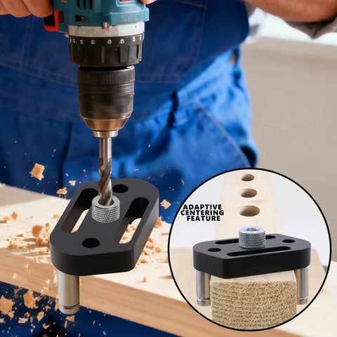 Self Centering Doweling Jig With Eight Size Drill Bushings For One Eighth To Three Eighth Inch Drill Bits, Go To Pro Handheld Drill Guide Block For Straight Holes, Woodworking And DIY Drill Bit Guide, 3D Printed Lightweight being used with a power drill on wooden plank.