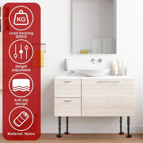 Bathroom vanity supported by 2 Pack Cabinet Jacks For Installing Cabinets Height Adjustable Support Pole Stable Third Hand Support System, nylon material.