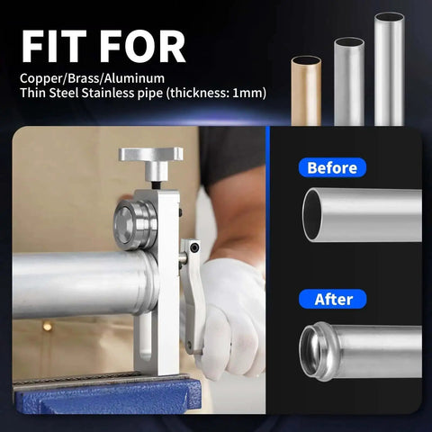 Tubing Bead Roller For Copper, Aluminum, And Thin Steel Piping - Compact, Portable Bead Roller Tool For 5/8 Inch And Up Diameters shown in use with before and after pipe examples