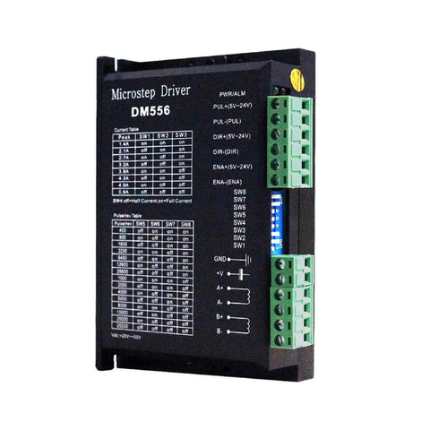 Rock Solid DM556 2-Phase Stepper Motor Driver for CNC Control, showing connection details for NEMA 17, 23, and 34 motors.