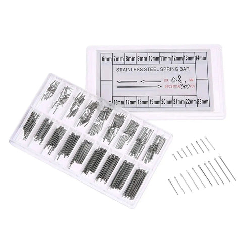 360 Piece Stainless Steel Watch Band Link Pins Kit With 18 Size Assortment displayed in a plastic case with labeled compartments