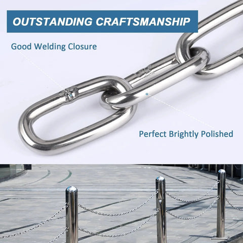 Close-up of Stainless Steel Chain 3/16 Inch By 2 Ft Heavy Duty Chain Link, highlighting good welding and polish, used for security and hanging.