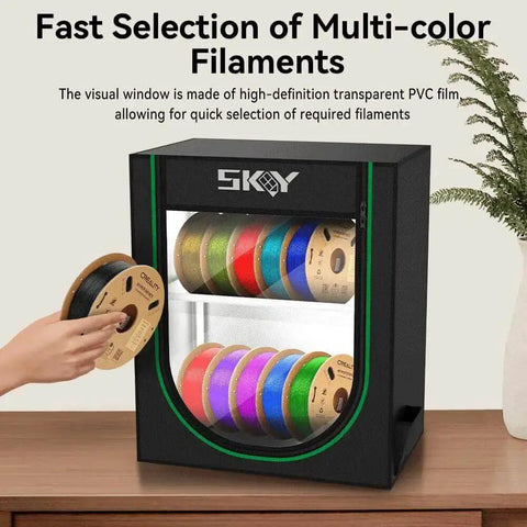 Person selecting filament from Ultimate 3D Printer Filament Storage Box with 2 tier shelves for studio, office, or workshop.