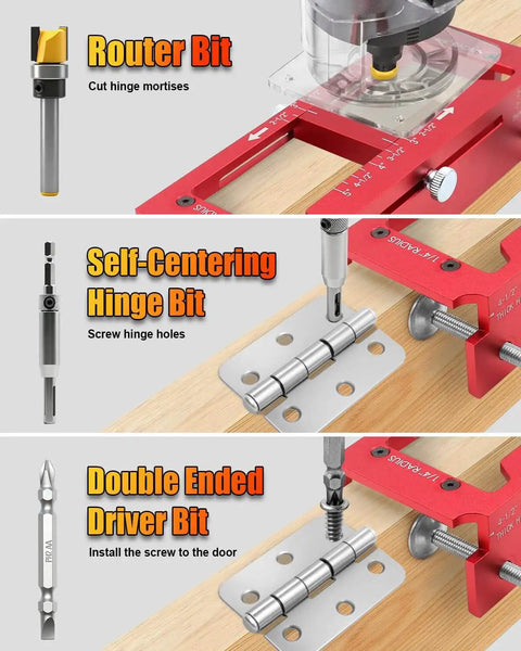 DIY Friendly Door Hinge Jig With Lock And Latch Installation Kit, Aluminum Router Template For Hinge Mortising From Two Point Five To Five Inches, includes router, self-centering, and driver bits