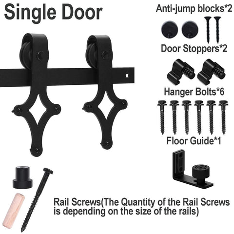 7 Ft Sliding Barn Door Hardware Kit with Floor Guide, showing anti-jump blocks, door stoppers, hanger bolts, and rail screws.