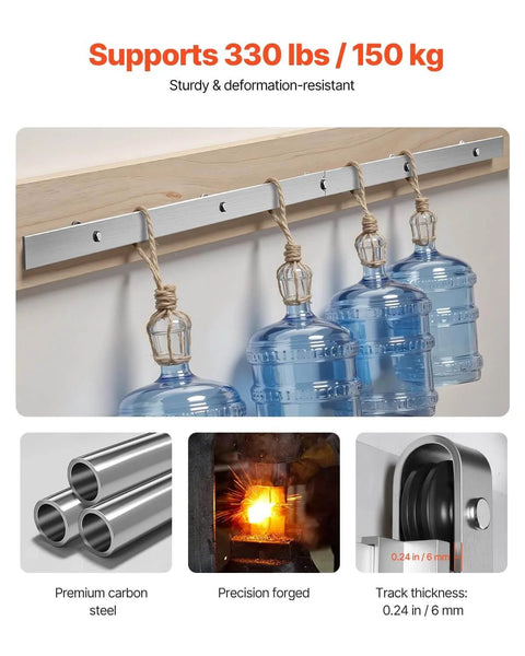 5Ft Brushed Nickel Sliding Barn Door Hardware Kit With 330 Lb Capacity supporting water bottles on track