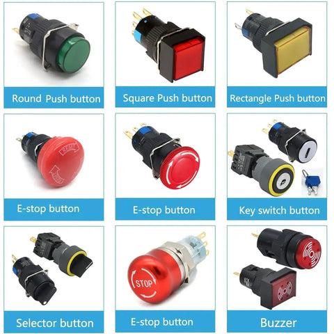 Various push buttons including round, square, rectangular, E-stop, key switch, selector, and buzzer for electronics projects.
