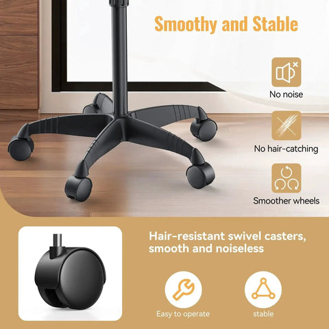 Close-up of hair-resistant swivel casters on Adjustable Height Rolling Salon Tray On Wheels With 360 Degree Mobility