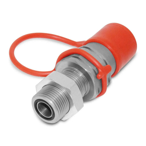 Flat Face Hydraulic Quick Connect Coupler for Skid Steer Mounts, Five Eighth ORFS Bulkhead Adapter, ISO 16028, red cap