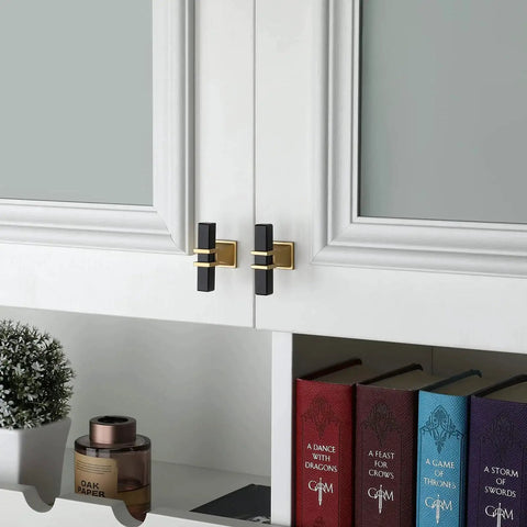 Black And Gold Cabinet Knobs Set 10 Pack With Matte Finish Stainless Steel Pull And Zinc Alloy Base on white kitchen cabinet doors