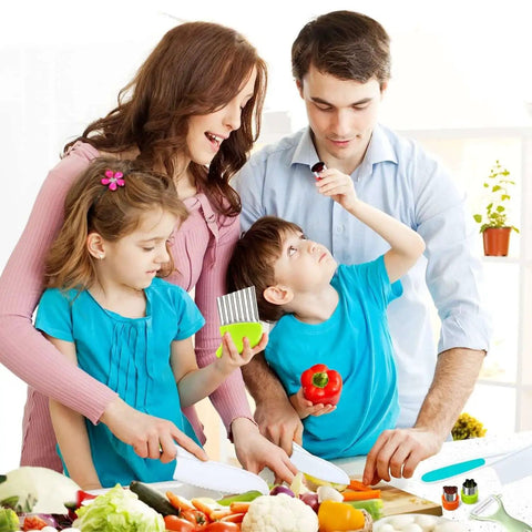 Family cooking together with Kids Kitchen Knife Set Nine Pieces For Real Cooking With Cutting Board Y Peeler Crinkle Cutter.