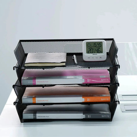 Four Tier Mesh Stackable File Trays For Desk Organization Letter Size Office Paper Organizer with items, black finish