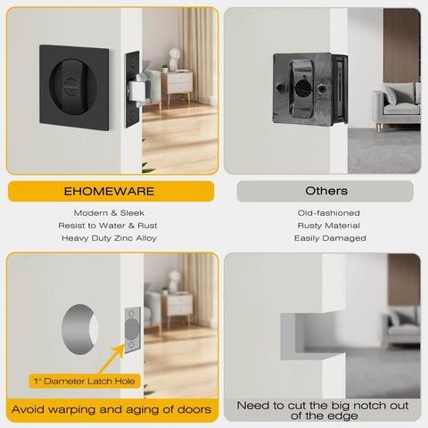 Matte Black Pocket Door Lock Set, No Key Needed Privacy Latch For Bedroom And Bathroom, heavy duty sliding door hardware installed.