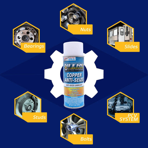 Copper Anti Seize Spray For Nuts Bolts Studs Bearings And Slides, Heavy Duty High Temp 14 Oz can surrounded by application images
