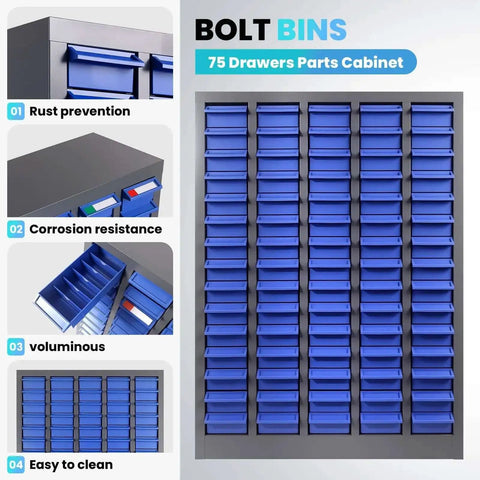 75 Drawer Bolt Bin Organizer With ABS Drawers featuring labeled compartments for nut and bolt storage, industrial parts cabinet.