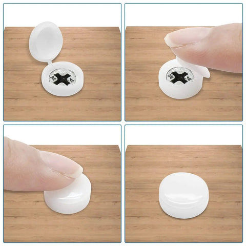 50 Pack White Plastic Hinged Screw Cover Caps For 4mm Hole Screws, 13mm Outer Diameter, snap on flip top covers on wood panel