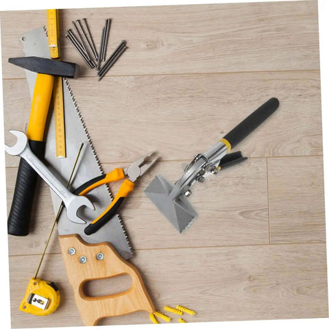 Assorted tools on wood surface including metal seamer and edge seamer pliers for standing seam roofing with non-slip handle