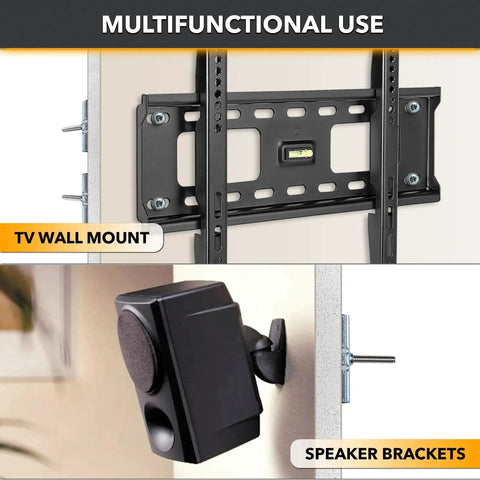 Steel Stud TV Mounting Kit With Heavy Duty Anchors Holds Up To Two Hundred Pounds On Steel Studs Includes Six Elephant Anchors One Quarter Inch And Titanium Coated Pilot Head Drill Bit For Precise Easy Installation showing wall mount and speaker bracket components.