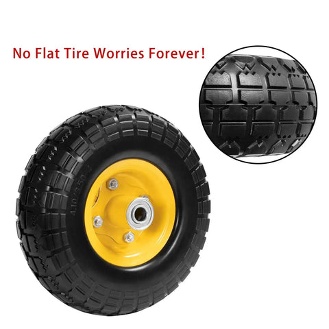 Close-up of a 10 Inch Solid Rubber Wheel Replacement with 5/8 Inch Bearings and 2.1 Inch Offset Hub for hand trucks in two pack flat free set