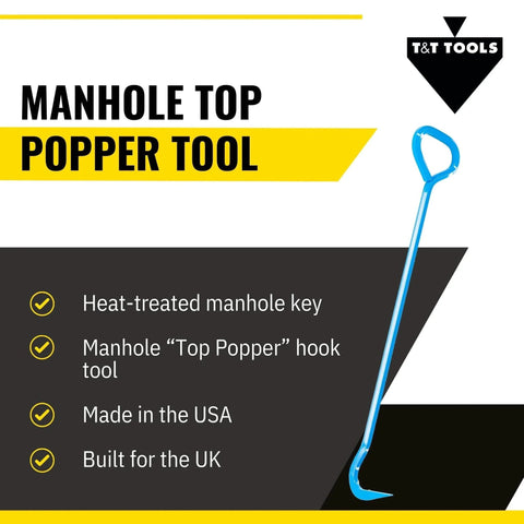 Top Popper Manhole Hook With Rotated Handle 2.5-Foot, 5/8 Inch Alloy Steel Heat Treated For Heavy Duty Lifting shown with blue handle
