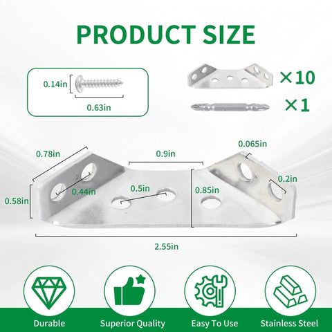 Diagram showing dimensions of Heavy Duty Stainless Steel Triangle Corner Connectors Set Of 10 with pre-drilled holes and screws.