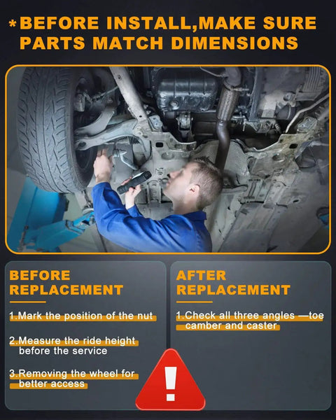 SOSOPART front suspension kit installation under a vehicle; mechanic in blue coveralls near the wheel and suspension components.