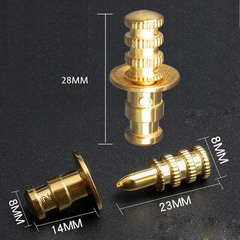 Gold Zinc Alloy Table Bolt Sleeve Connectors Kit, 15 Pcs Dowel Pins With Sockets, dimensions shown for extension tables and cabinets