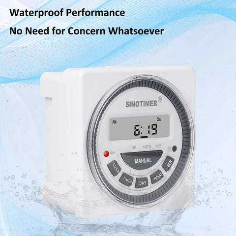 Digital 7 Day Programmable Timer Switch For 220V AC With LED Indicator And 18 On Off Per Day, panel view, waterproof design