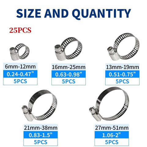 25 Piece Stainless Steel Hose Clamp Set With Five Sizes From One Quarter Inch To Two Inch Heavy Duty Beefy Worm Gear Clamps