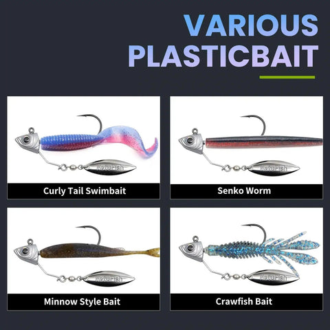Various swimbait jig heads with stacked cone keeper anti rust brass blade flash eyes and spinning underspin for bass and saltwater fishing.
