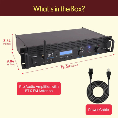 2 Channel Rack Mount Power Amplifier With Bluetooth 2000W Peak Bridgeable, dimensions shown, with power cable included.