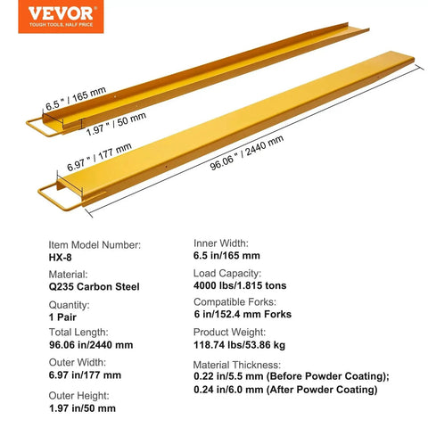 96 Inch Fork Extensions Six And Half Inch Wide Heavy Duty Pallet Fork Extenders made of Q235 carbon steel