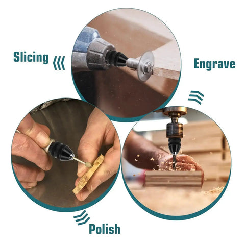 Pro Grade Drill Chuck Collet Set for Dremel Rotary Tools in use for slicing, engraving, and polishing wood crafts