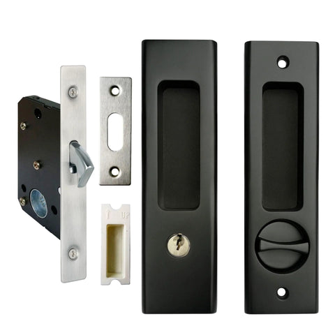 Sliding Barn Door Locks With Invisible Door Handle And Keys For Wood Pocket Doors Black Hardware, Smooth As Silk Sliding shown in parts