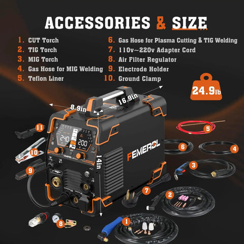 All In One 6 In 1 Welding Machine For Home DIY Pros Gas MIG Flux MIG Plasma Cut HF TIG Stick And Spot Weld 110 220V Dual Voltage Aluminum Welder Built For Portable Heavy Duty Everyday Metalworking with accessories and size dimensions shown.