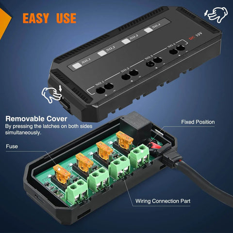 12V Motorcycle Fuse Box With 20A Low Profile Terminal Block And LED Indicator showing open view of 4 circuit connections.