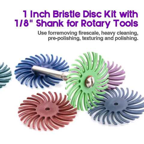 66 Piece Pro Grade Radial Bristle Disc Abrasive Kit For Rotary Tools With One Eighth Inch Shank Includes Mixed Grit displayed with shanks