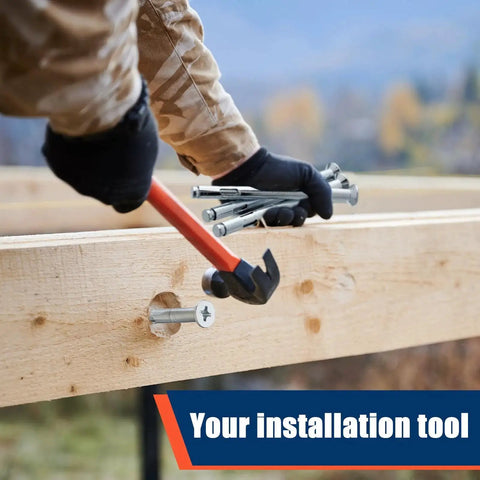 Flat Head Cross Sleeve Anchor Bolts Three Eighths Inch By Six Inch For Concrete Masonry And Brick Galvanized Zinc Plated Expansion Anchors being installed in wood