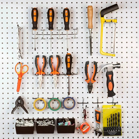 Pegboard Organizer Kit With 120 Hooks And Bins For 1/8 To 1/4 Inch Pegboards, tools and accessories organized on pegboard