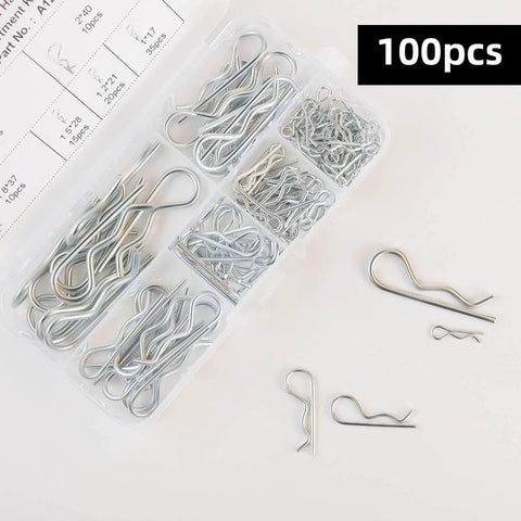 100 Pcs R Pins Hairpin Clips Set Carbon Steel Zinc Plated Heavy Duty Assortment Kit With 6 Sizes For Hitch Pin Lock System Retaining Pins And Trailer Fasteners in transparent storage box
